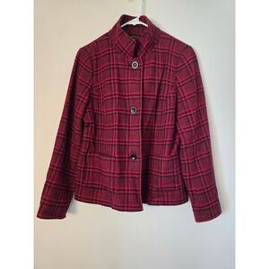 Talbots Blazer Womens 8 Red Black Plaid Jacket Wool Blend